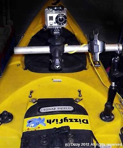 Flymount and GoPro mounted on the kayak